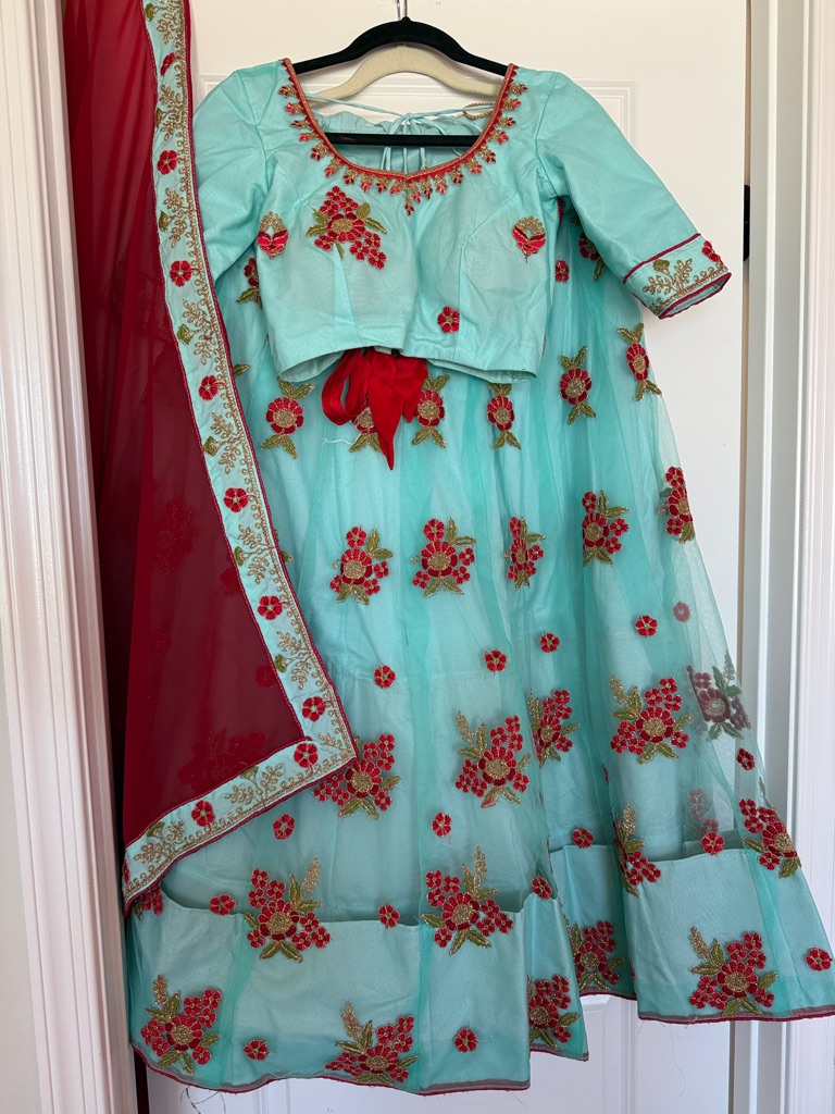 Aqua Red Floral Embroidered Lehenga Set